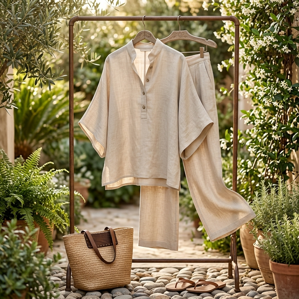 Elegant women's wide-leg two-piece set, perfect for summer, featuring a mandarin collar.