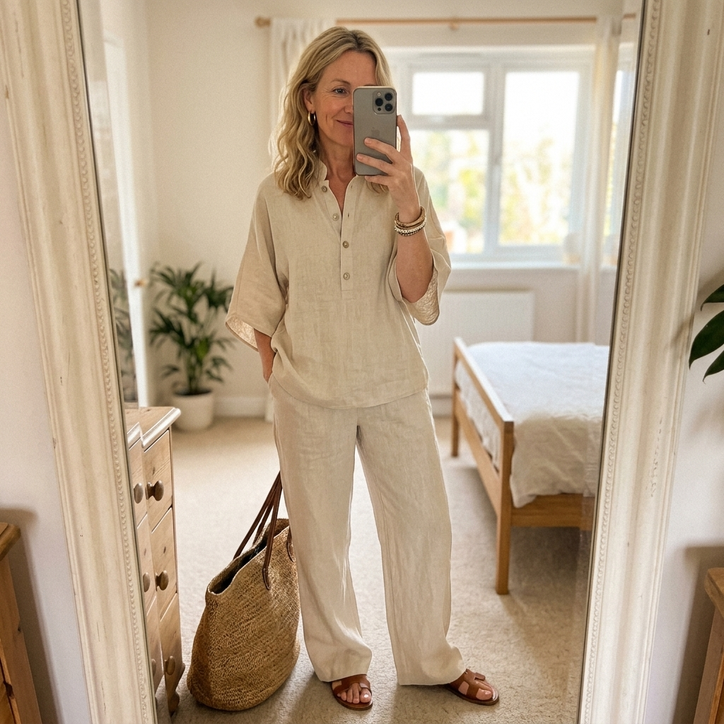 Women's sophisticated two-piece set: mandarin collar top & flowy wide-leg trousers. Summer style.