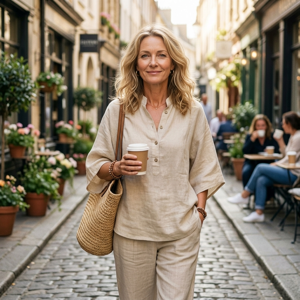 Women's relaxed fit two-piece set with a mandarin collar blouse & comfortable wide-leg pants.