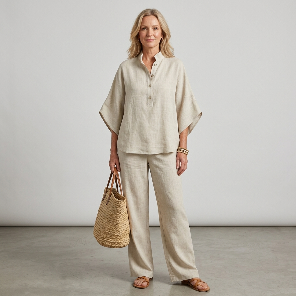 Women's elegant two-piece set with a mandarin collar shirt and wide-leg trousers for any occasion.