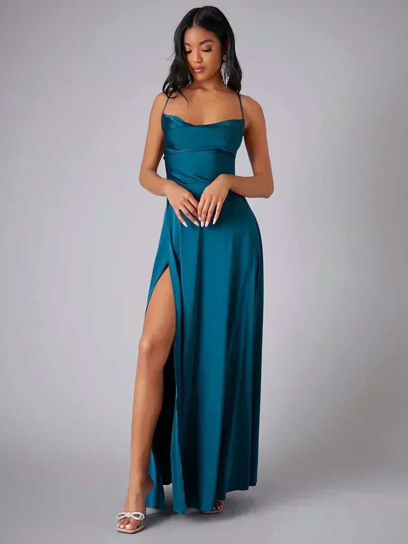 Elegant women's party maxi dress, ideal for evening events, featuring a stunning high slit & graceful open back.