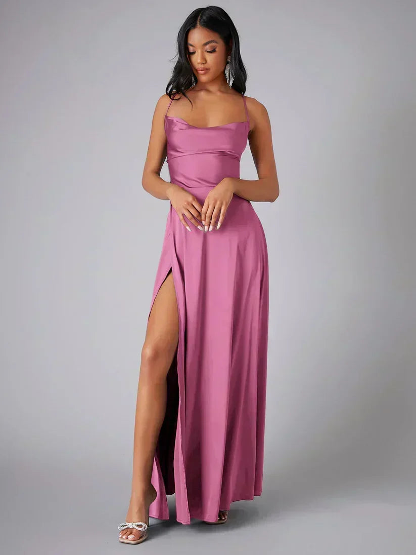 Women's draped neckline maxi evening dress with an alluring open back and sexy high slit for formal events.