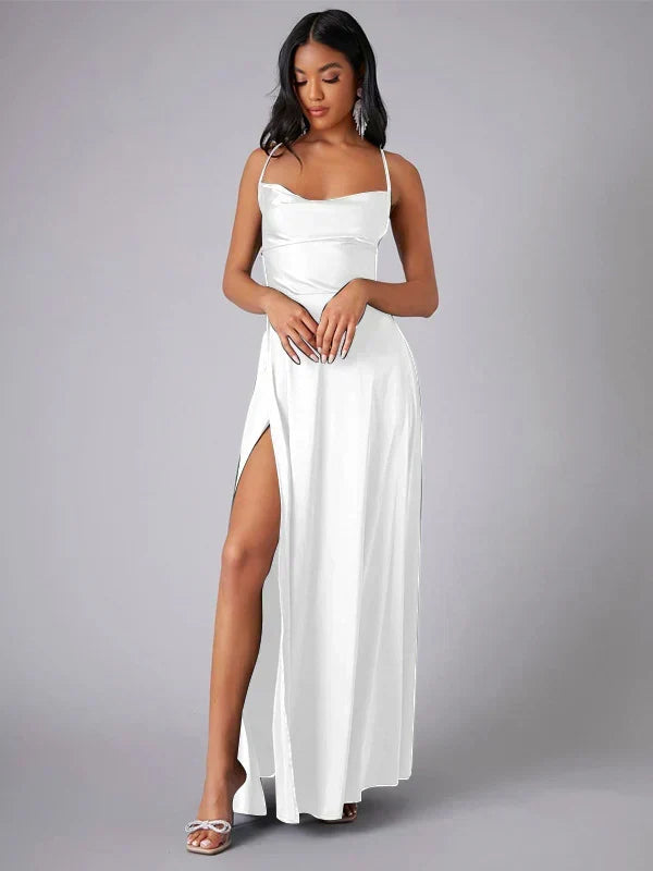 Long women's formal dress for special occasions, featuring a sophisticated high leg slit & elegant open back design.