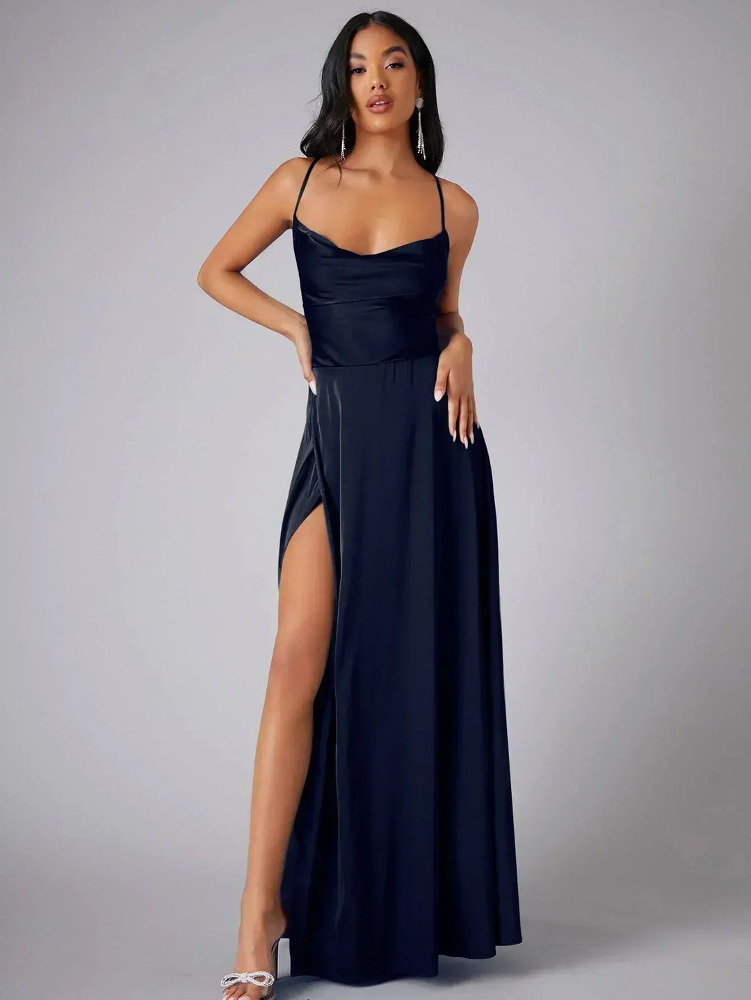 Gorgeous women's formal maxi dress, perfect for evening events, featuring a high leg slit and alluring open back.