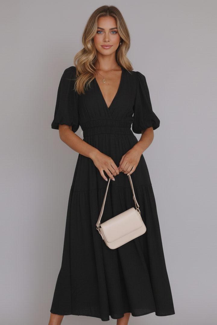 Elegant women's short sleeve midi dress, V-neck design, and a beautiful tiered layered hem.