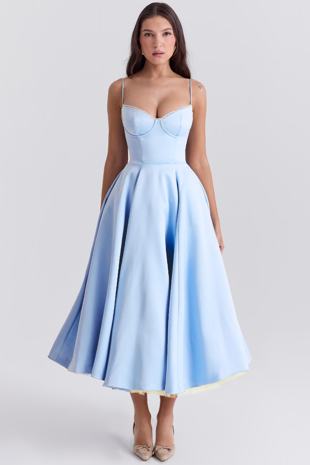 Women's elegant midi dress with lace-trim corset bodice, sweetheart neckline, and convenient pockets.