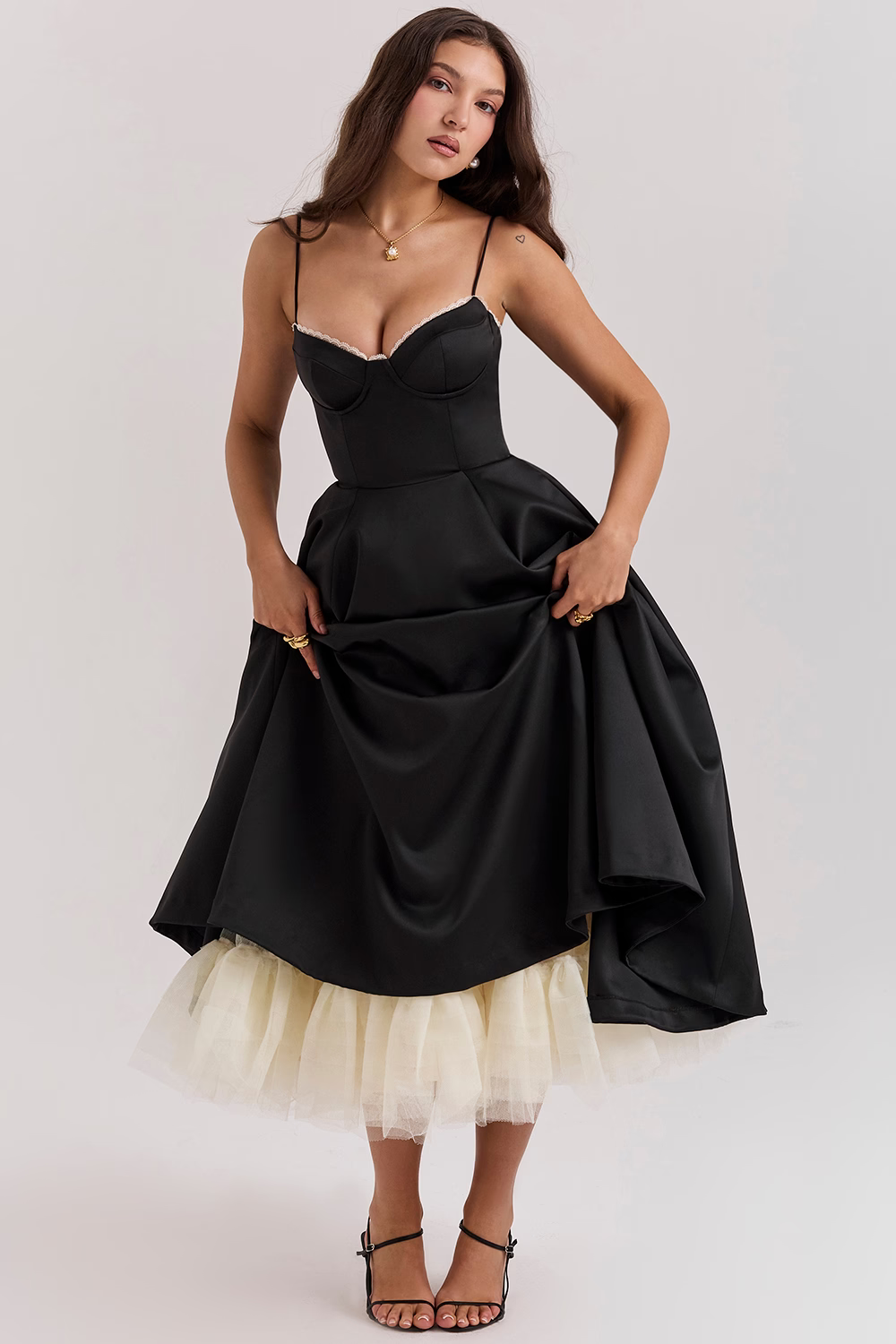 Modern women's fashion midi dress: sleeveless, corset bodice, delicate lace trim, sweetheart, & pockets.