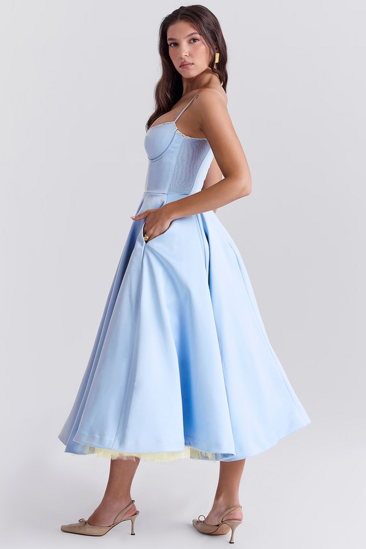 Elegant women's party midi dress with delicate lace-trim corset, sweetheart neckline, and hidden pockets.