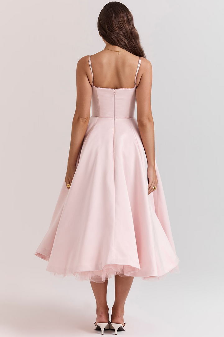 Women's fashion midi dress with a flattering corset bodice, lace trim, sweetheart neckline, and pockets.
