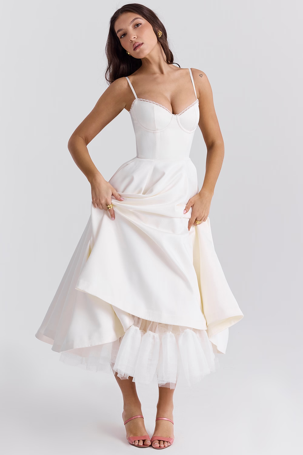 Women's elegant midi dress with lace-trim corset, sweetheart neckline, tulle hem, and functional pockets.
