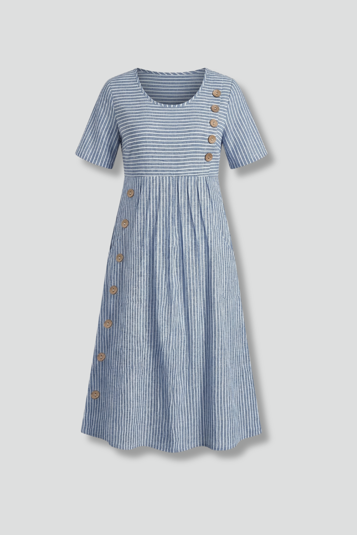 Women's elegant midi dress with V-neck and front button detail, perfect for versatile spring/summer wear.