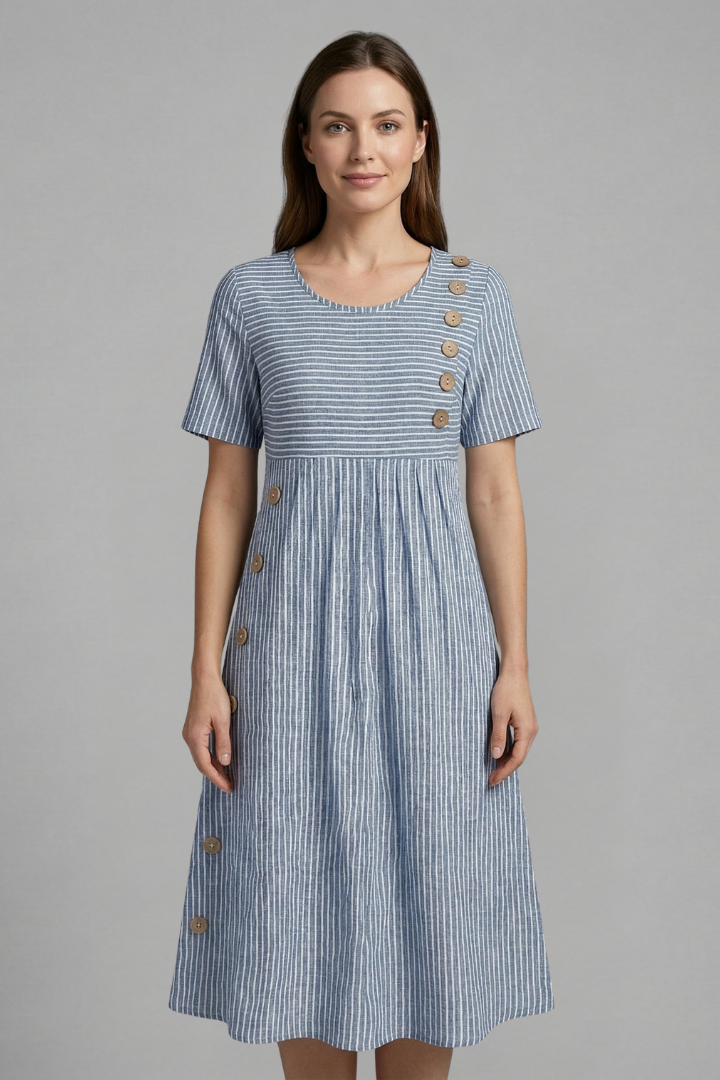 Versatile women's V-neck midi dress with buttons, ideal for casual outings or office wear in spring/summer.