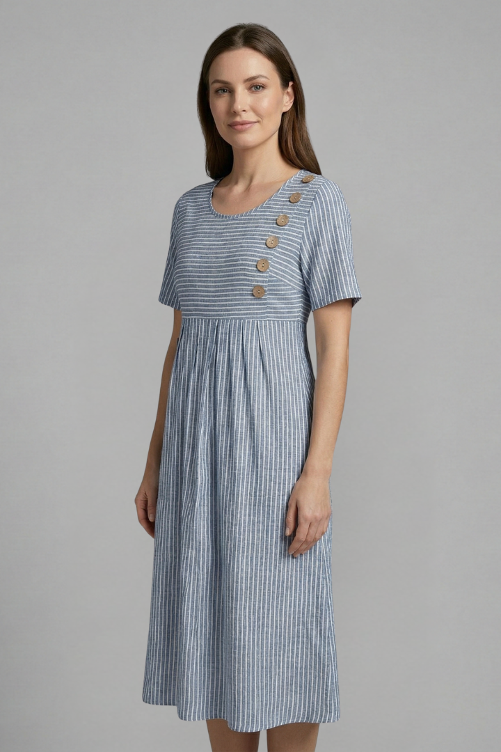 Stylish women's midi dress featuring a flattering V-neckline and decorative button details. Great for summer fashion.