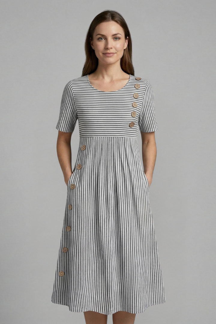 Chic women's V-neck midi dress with button accents, offering an elegant and versatile silhouette for any occasion.