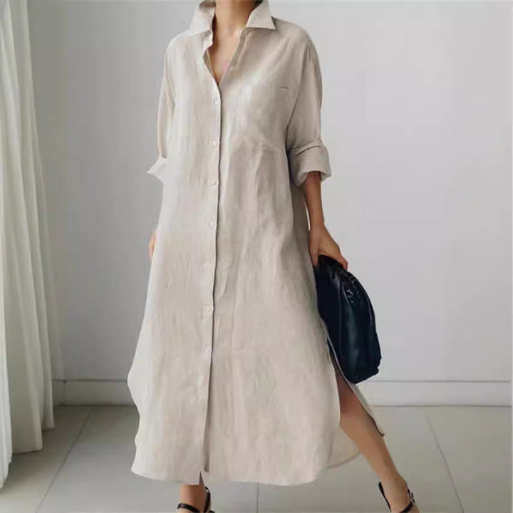 Women's elegant midi shirt dress with button-down front, roll sleeves & collar. Perfect for spring/summer fashion.