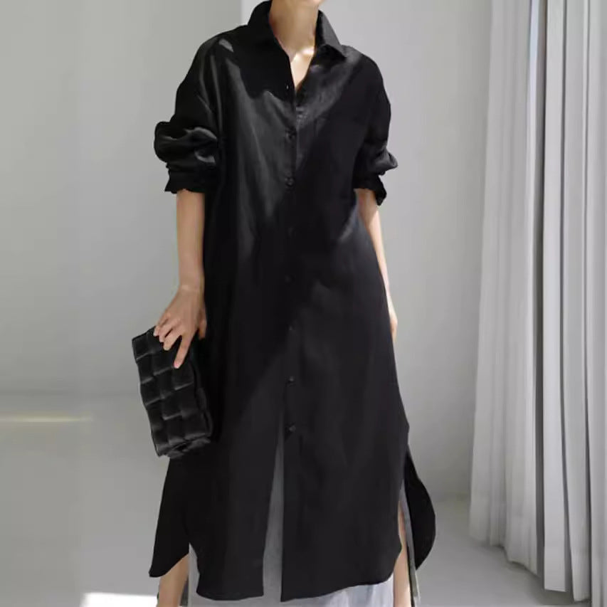 Chic women's longline midi shirt dress for casual or elegant everyday fashion. Features button-down & collar.