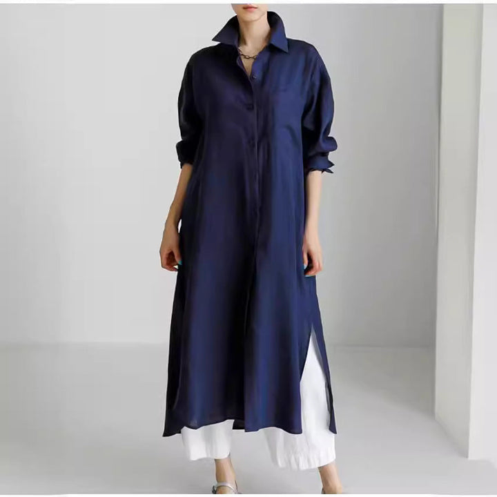 Comfortable & elegant women's midi shirt dress with roll sleeves, collar & chest pocket. Ideal for summer.