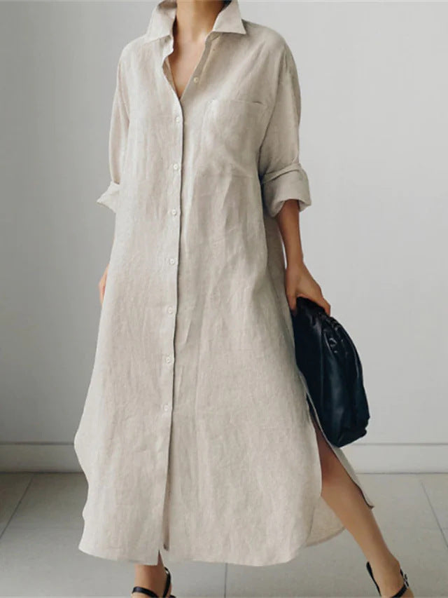 Full-length women's button-down midi shirt dress. Elegant & versatile, with roll sleeves & a classic collar.