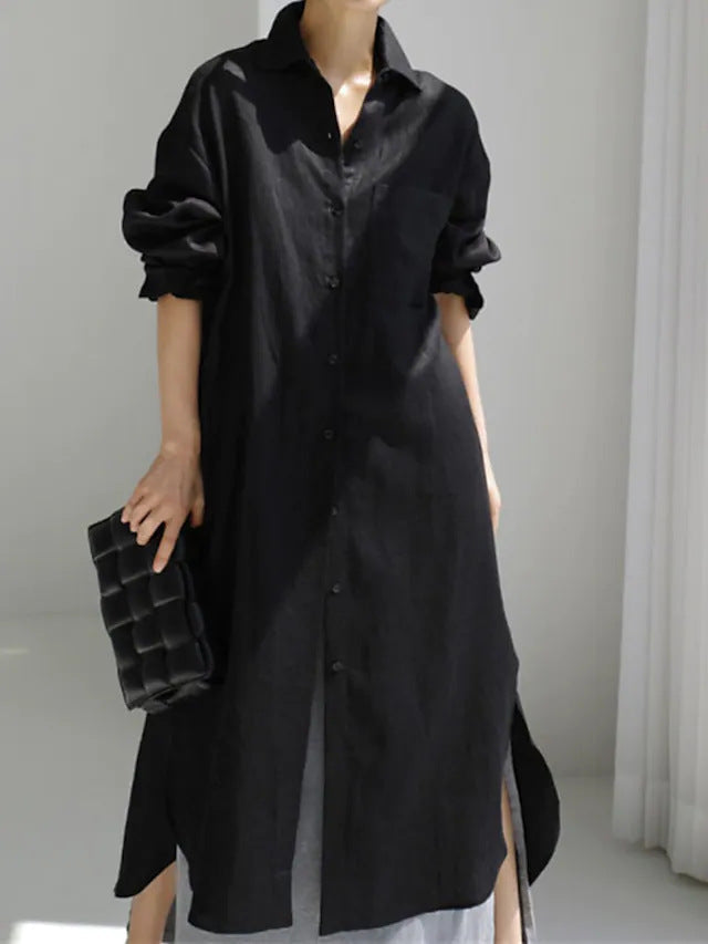 Women's longline button-down shirt dress, a chic midi with roll sleeves & collar. Perfect for elegant casual wear.