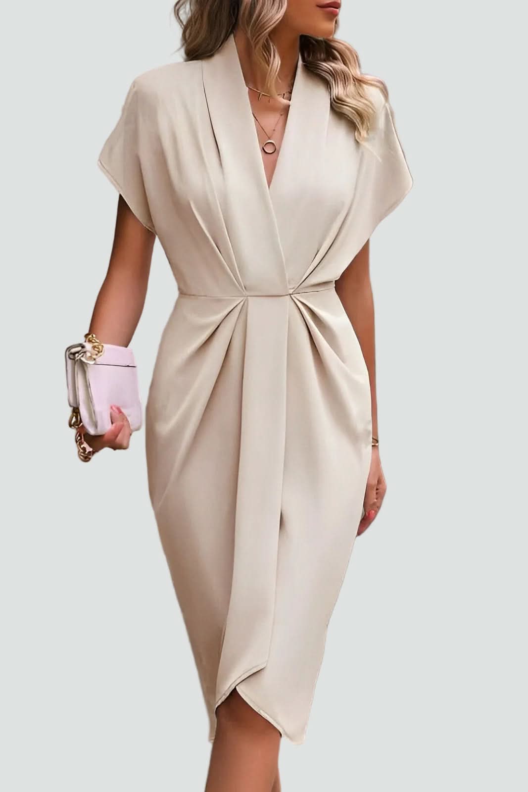 Versatile women's elegant midi wrap dress, suitable for various occasions & a flattering fit.