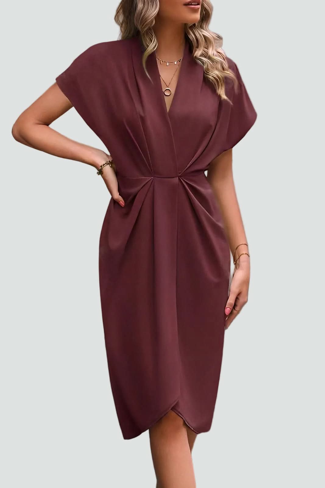Women's flattering midi wrap dress, v-neck design, long sleeves for elegant & versatile style.