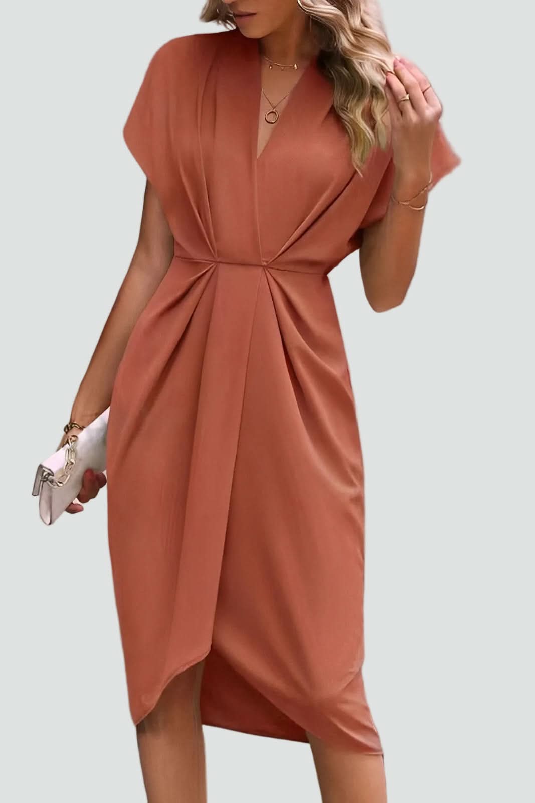 Sophisticated women's wrap midi dress with a flattering fit, perfect for elegant style.