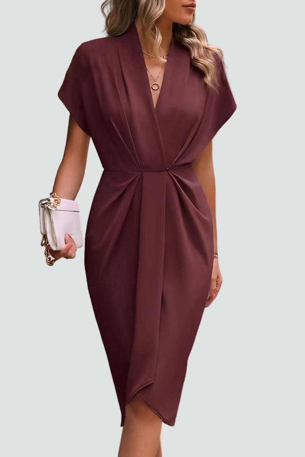 Elegant v-neck women's midi wrap dress, perfect for evening events & a sophisticated look.