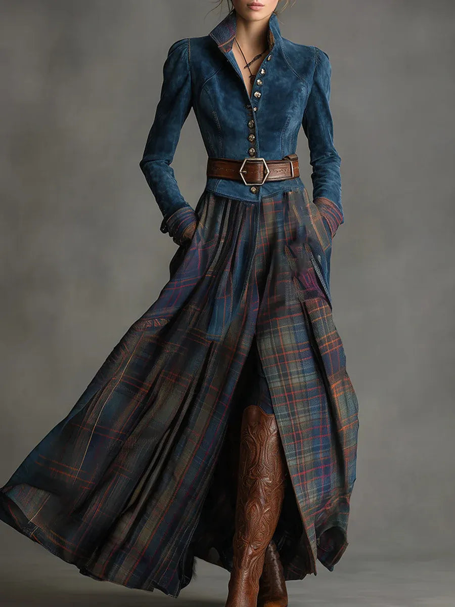 Women's elegant navy blue fitted maxi dress with a stylish plaid skirt and long sleeves, perfect for fall/winter.