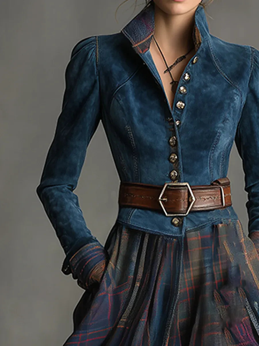 Bohemian vintage-inspired women's long sleeve navy maxi dress featuring a chic plaid skirt, ideal for elegant fall fashion.