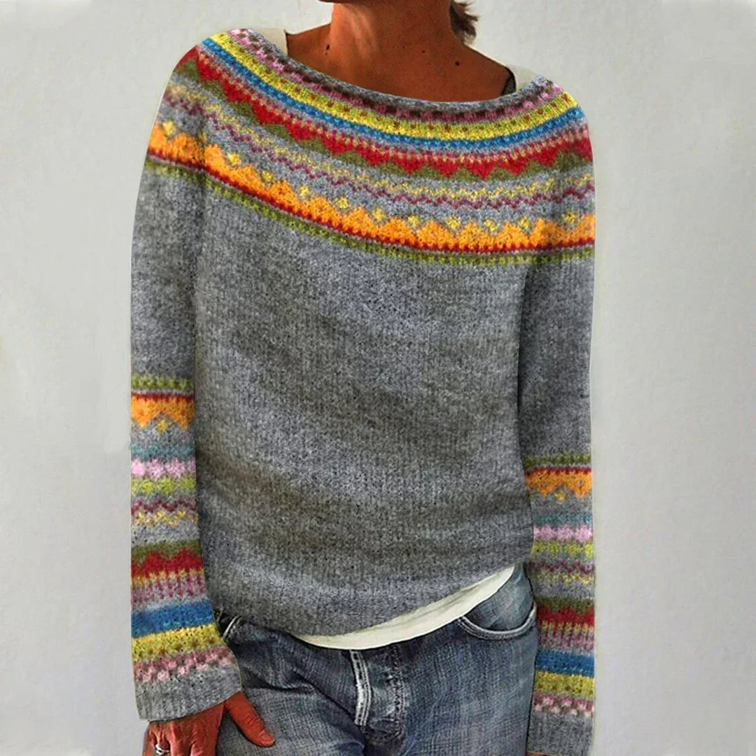 Women's elegant Nordic pattern sweater, a cozy multicolor knit with a boat neck for winter style.