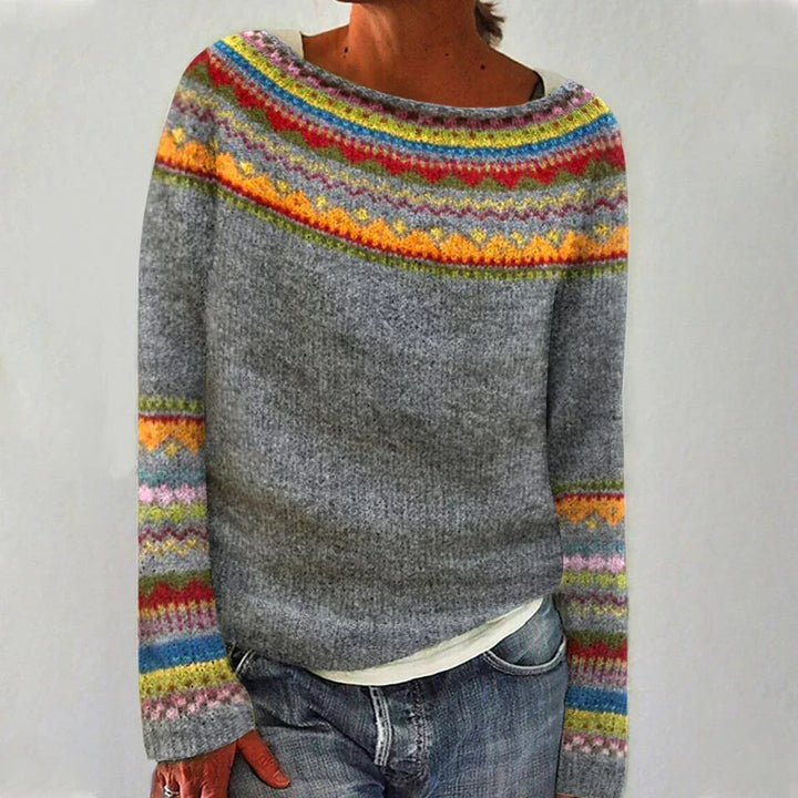 Women's elegant Nordic pattern sweater, a cozy multicolor knit with a boat neck for winter style.