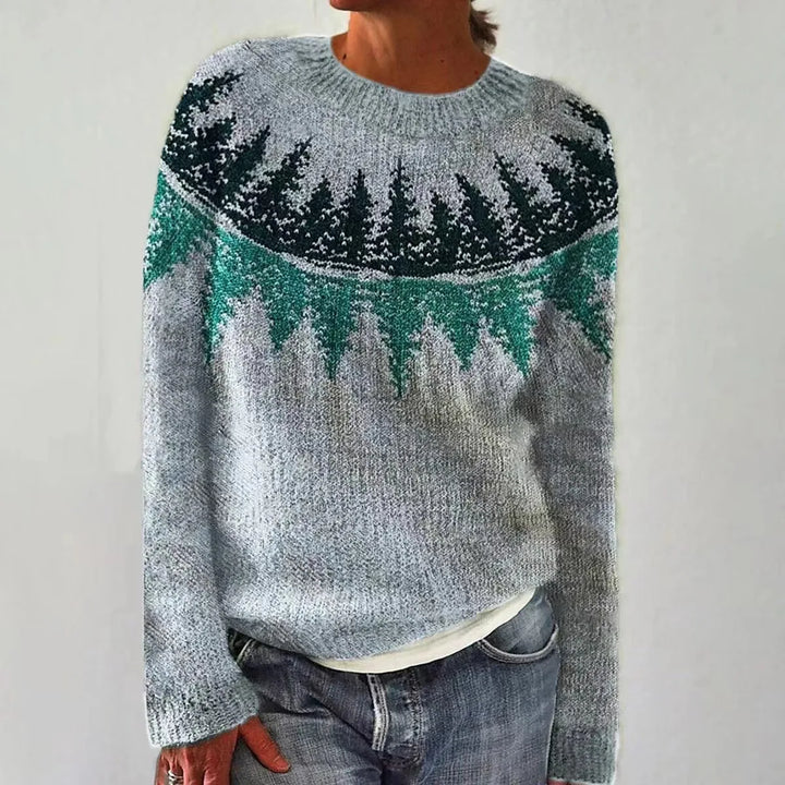 Boat neck women's sweater, a cozy and elegant knit with a beautiful multicolor Nordic pattern for winter.