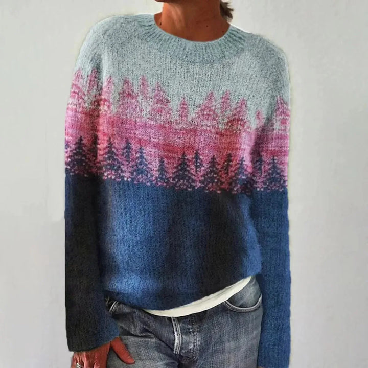 Comfortable women's Nordic pattern sweater, an elegant and cozy relaxed fit top for stylish winter fashion.