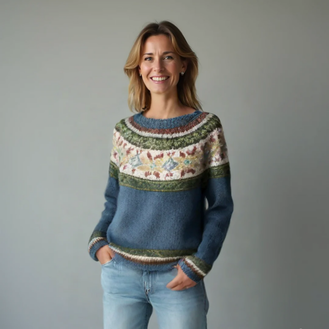 Layering top: Women's elegant multicolor Nordic pattern sweater, a cozy relaxed fit knit for winter.