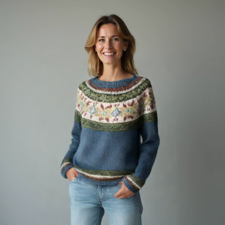 Layering top: Women's elegant multicolor Nordic pattern sweater, a cozy relaxed fit knit for winter.