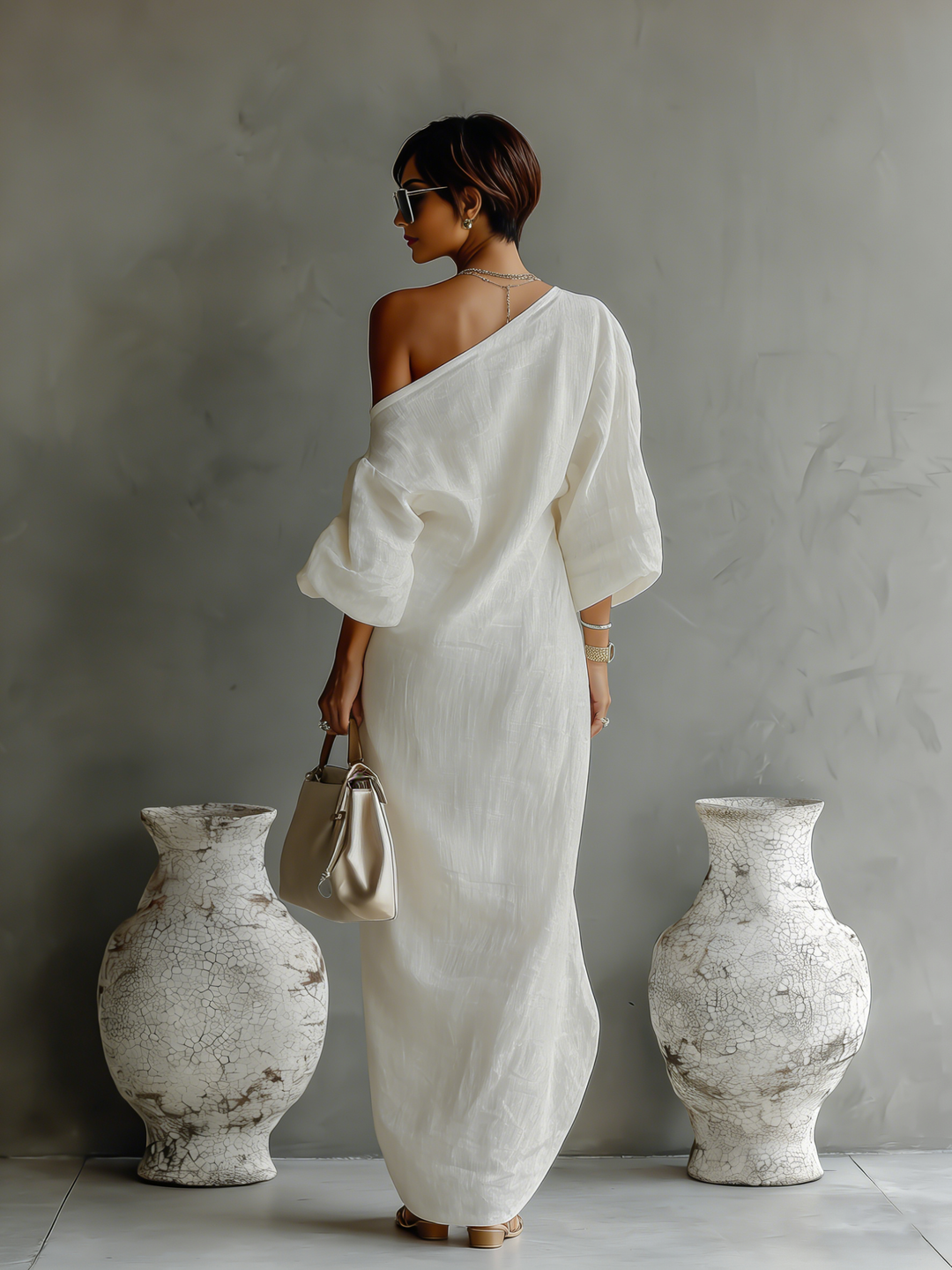 Sophisticated women's one-shoulder flowing maxi dress, perfect for formal events & spring fashion.