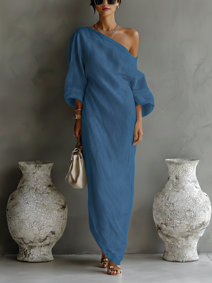 Khaki one-shoulder flowing maxi dress for women, stylish spring fashion and sophisticated event wear.