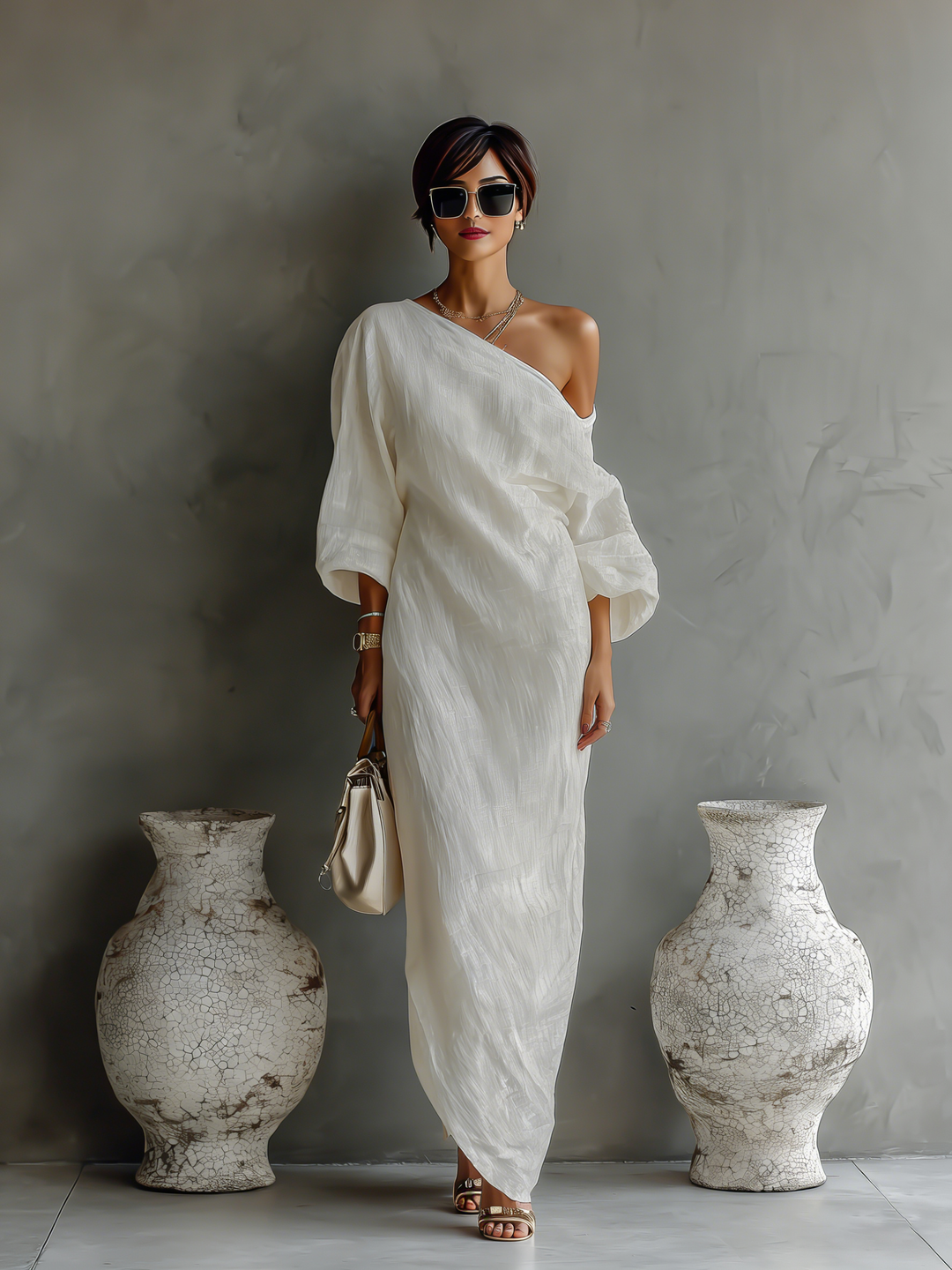 Beautiful women's one-shoulder flowing maxi dress, an elegant choice for wedding guests & evening wear.