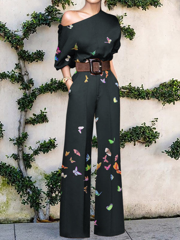 Chic women's one-shoulder wide leg jumpsuit with vibrant print, ideal for resort wear or party fashion.