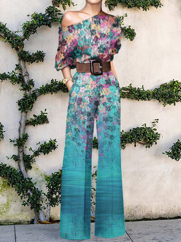 Printed one-shoulder wide leg jumpsuit for women. A chic and comfortable statement piece for resort and party wear.