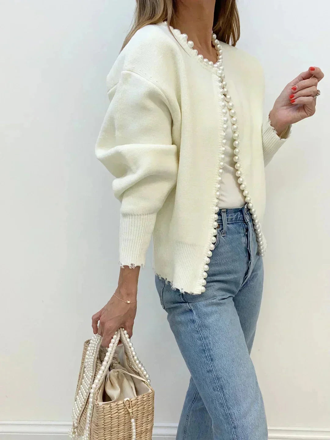 Versatile women's pearl trim cardigan, ideal for chic everyday wear & sophisticated layering fashion.