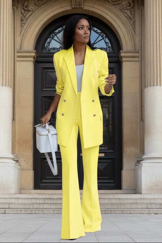 Professional women's business suit set, featuring a sleek polished blazer and matching tailored trousers.