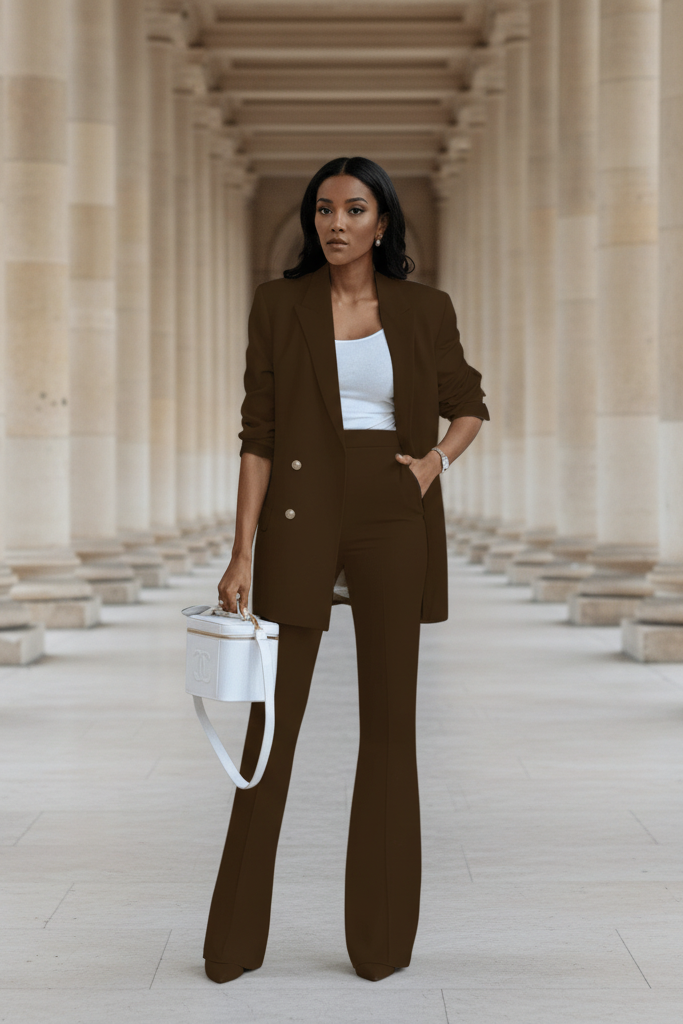 High-quality women's tailored blazer & trousers set, offering elegance & comfort for professional wear.