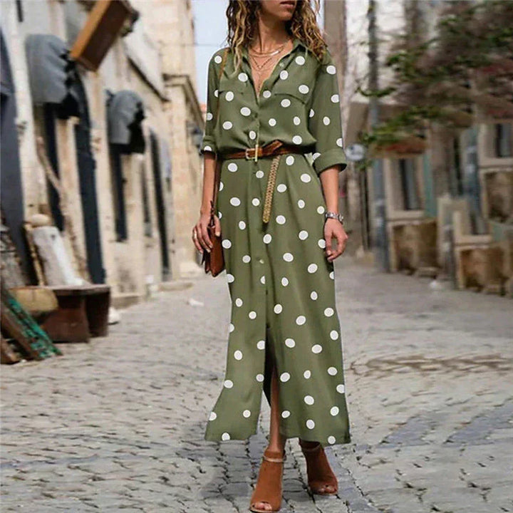Women's elegant polka dot maxi shirt dress with long sleeves & button-down front, featuring a flattering tie-waist.