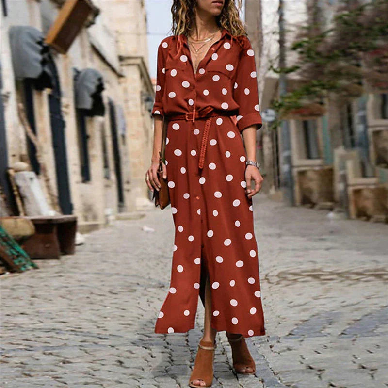 Versatile women's polka dot long sleeve button-down maxi dress. Features classic print & flowy silhouette for spring/summer.