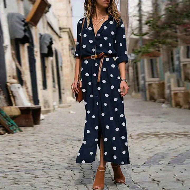 Chic women's long sleeve polka dot maxi shirt dress with a full button-down front and adjustable tie-waist.