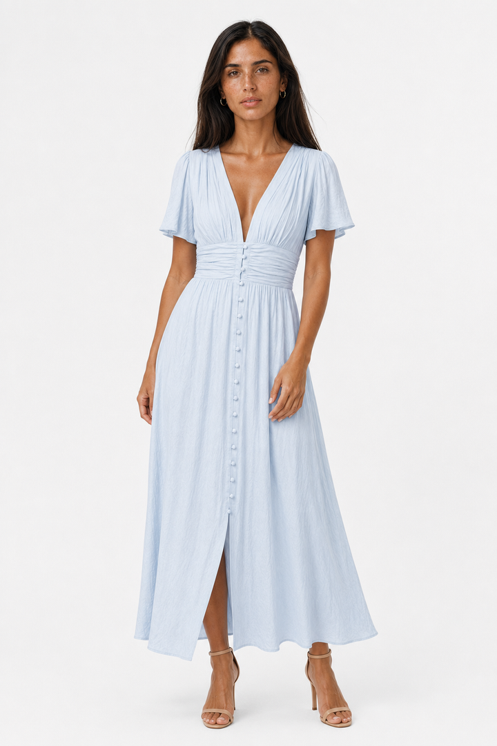 Flowy women's maxi dress with elegant puff sleeves, a comfortable & stylish choice for summer fashion.