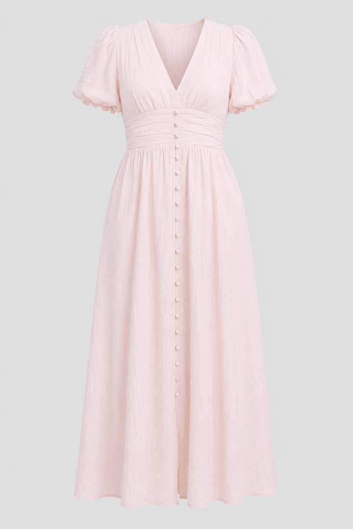 Vintage-inspired women's elegant puff sleeve maxi dress, a sophisticated long dress for ladies' summer attire.