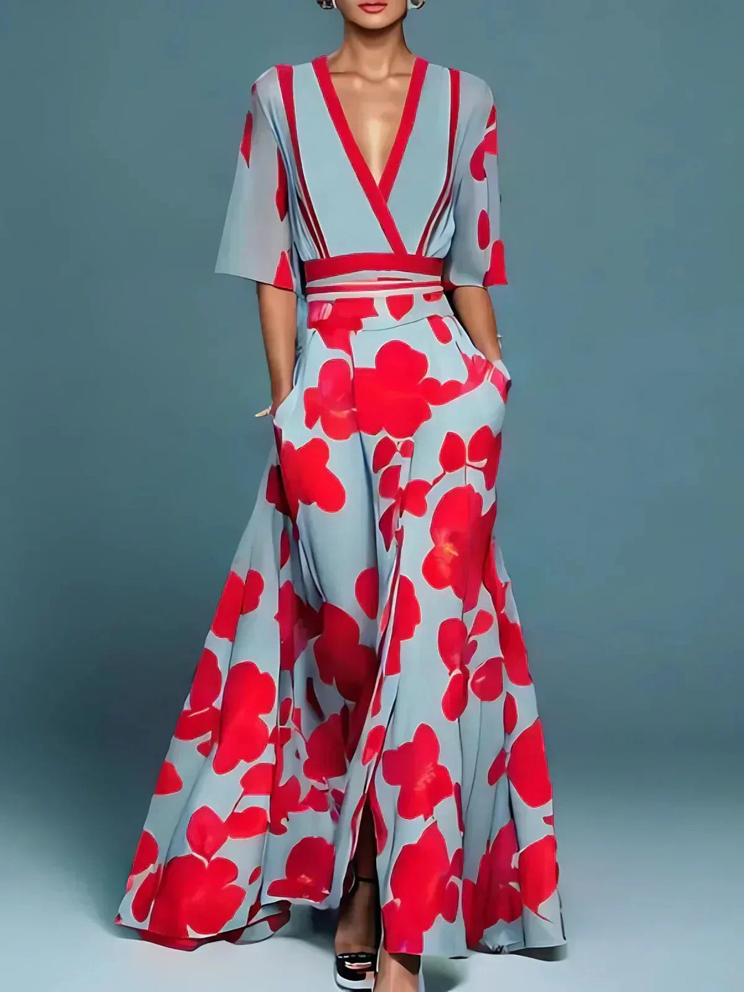 Women's elegant red floral A-line maxi dress with delicate cape sleeves, perfect for formal events & wedding guests.