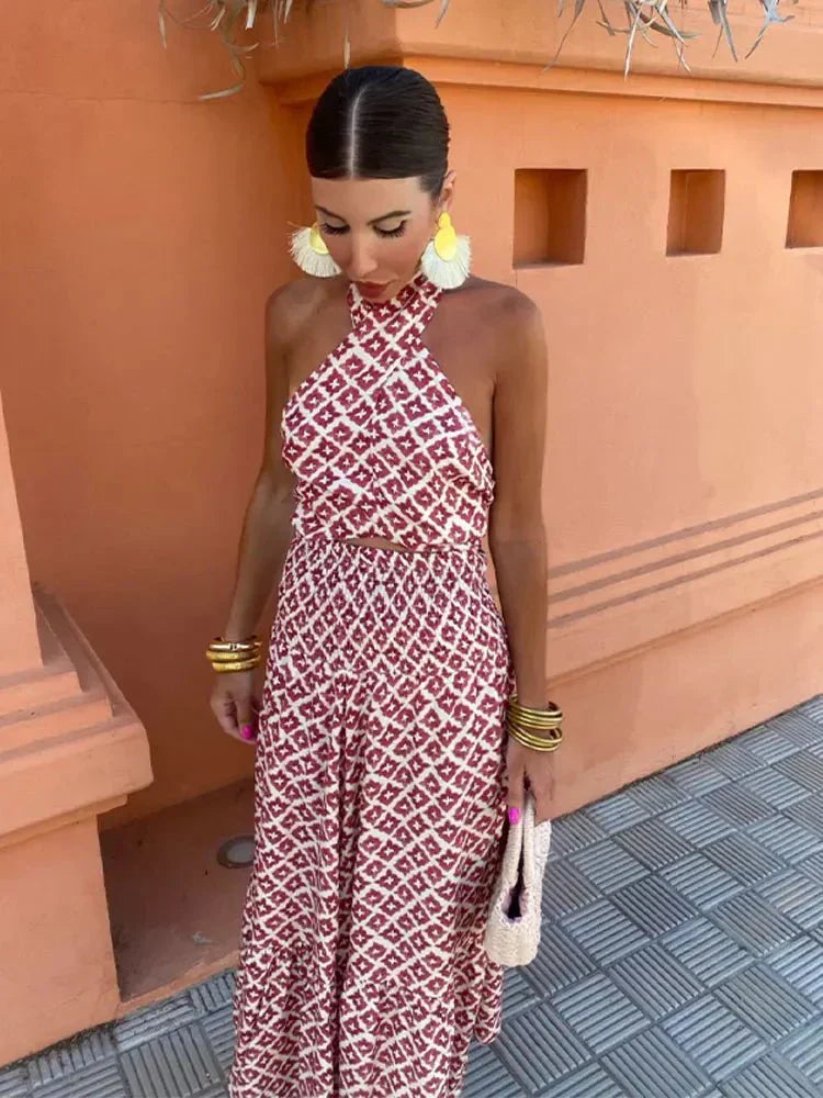 Graceful red floral printed halter maxi dress for women. Elegant & formal, suitable for wedding guests & evening events.